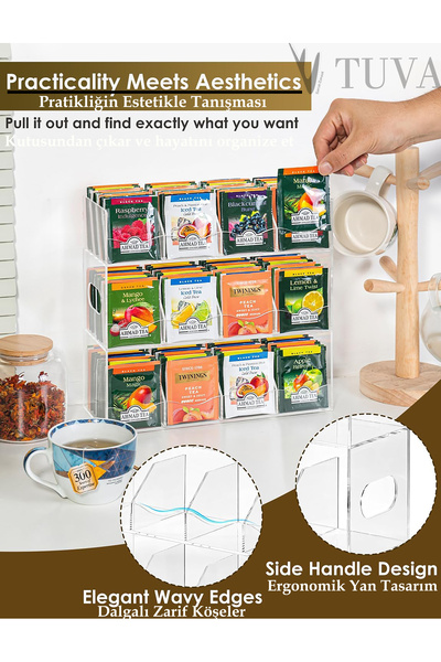 TUVA REKLAM TUVA - منظم أكياس الشاي والوجبات الخفيفة ذو ثلاثة طبقات و9 أقسام |   منظم بليكسي شفاف