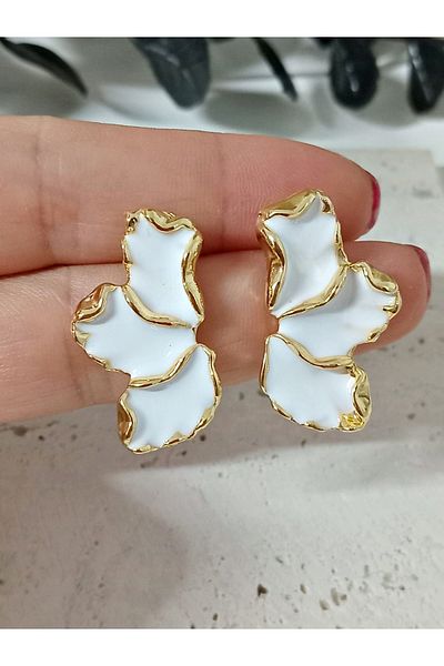 mos&more White Enamel Gold Half Leaf Small Earrings