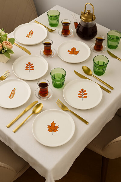 Home Autumna 6 Piece Ceramic 21 cm Leaf Pattern Cake Plate White Green