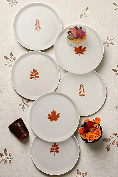 Home Autumna 6 Piece Ceramic 21 cm Leaf Pattern Cake Plate White Green