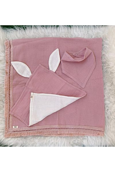 GOER STORE Rabbit Detailed Dusty Rose Muslin Cover-Neck Collar-Mouth Wipe Set of 3