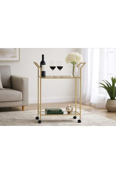 genric عربة بار فاخرة من FFD ذات مستويين مع أرفف مرآة - تقديم معدني ذهبي أنيق 58x37x77 سم