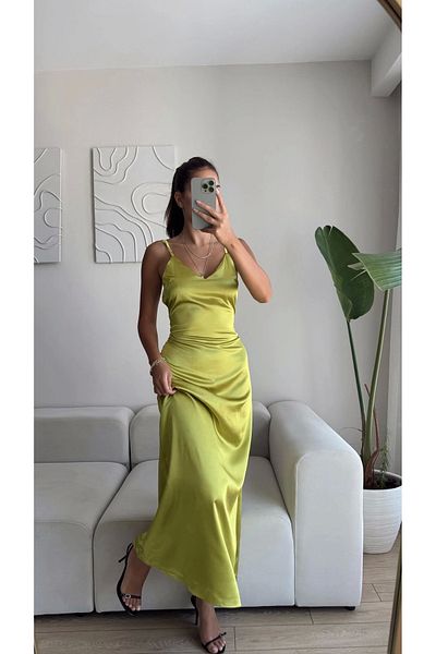Zoom Butik Satin Back Low-Cut Strap Dress - Green