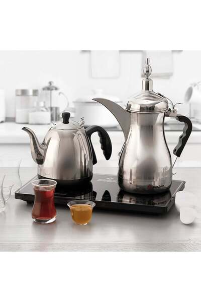 KARAKER طقم دلة قهوة مع إبريق شاي كهربائي 1500 واط بسعة 1 لتر لكل قطعة مع قاعدة تسخين