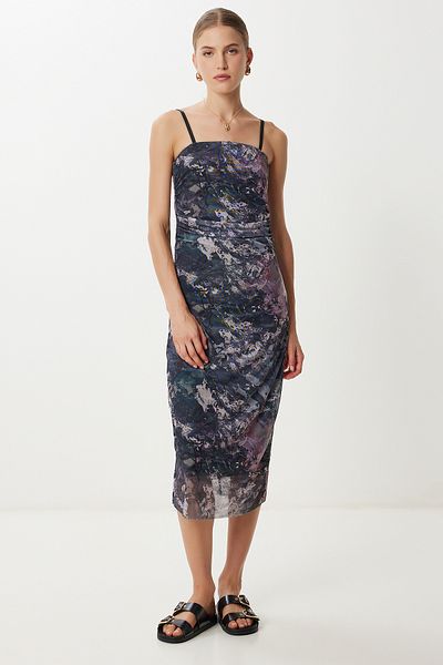 Lovelyİstanbul Draped Patterned Tulle Dress with Straps Lan0049 Anthracite