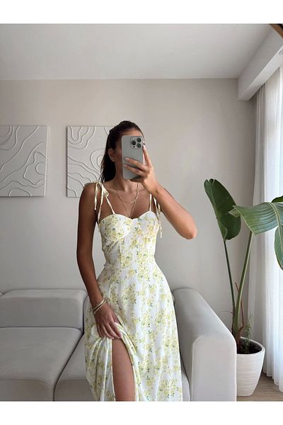 Zoom Butik Floral Pattern Shoulder Tie Dress - Yellow