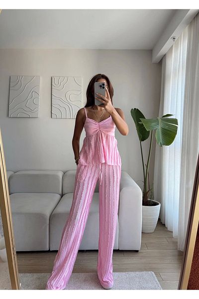 Zoom Butik Double Breasted Strap Blouse & Trousers Set - Pink