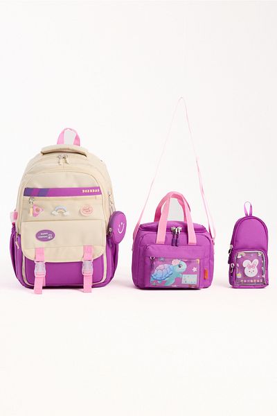 Roxbros 3-Piece Girls' School Bag with Korean Style Accessories & Primary School Backpack with Lunch and Pen Holder