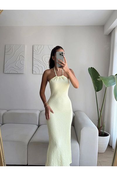 Zoom Butik Back Slit Dress with Neck Strap - Yellow