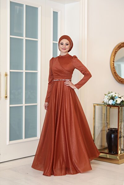 miss newal Işıl Büyük Beden Renkli Kumaş Taşlı Tesettür Abiye Soğan Kabuğu