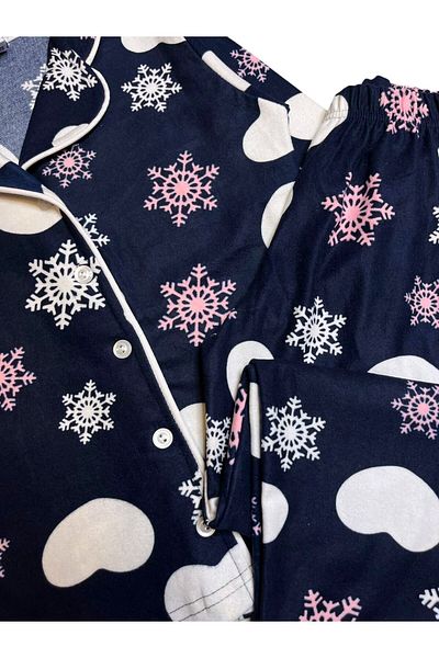 Fil Kids Girl's Cotton Fabric Suede Navy Blue Heart Snowflake Patterned Piping Shirt Collar Pajama Set