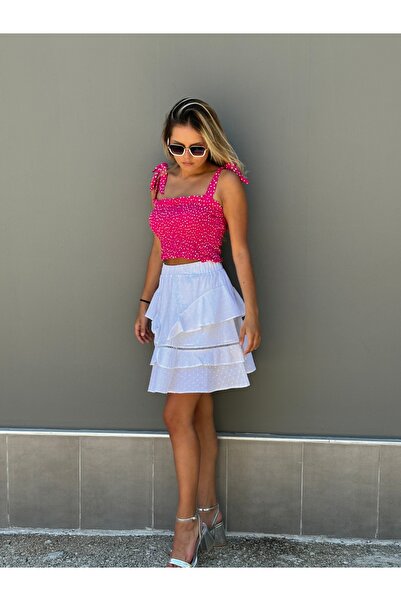 ileenofficial Puan ve Bağlama Detaylı Pembe Crop Bluz