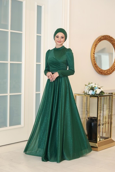 miss newal Işıl Büyük Beden Renkli Kumaş Taşlı Tesettür Abiye Zümrüt