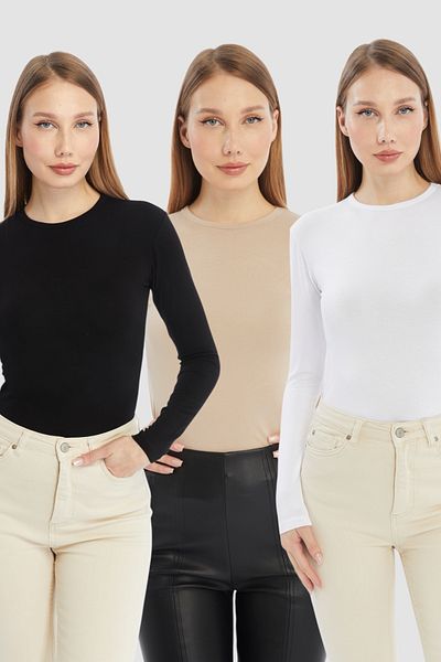 LAENT Women's Black Cream White Round Neck 3-Piece Bodysuit