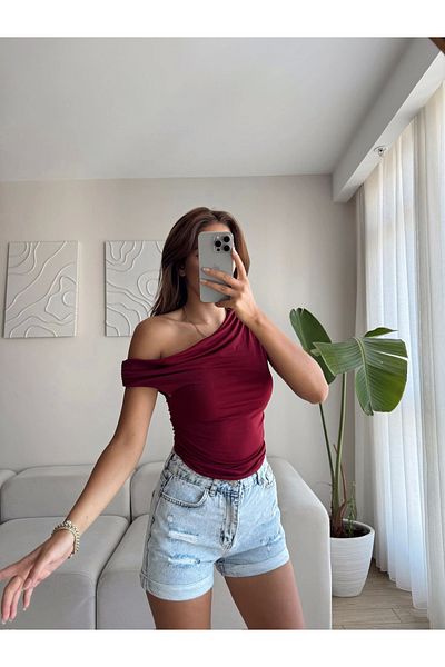 Zoom Butik Boat Neck Crop - Bordo