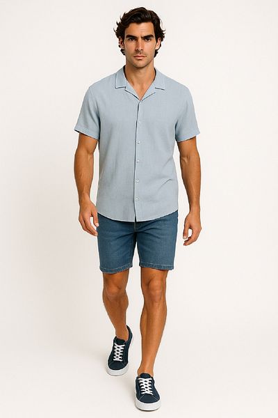 OIL PARK Men's Apaş Collar Armure Woven Soft Textured Raw Linen Shirt