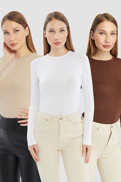 LAENT Women's White Cream Brown Round Neck 3-Piece Bodysuit