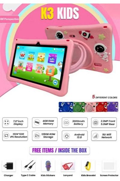OTEETO Tablet K3 for Kids by - 7-inch Screen, Shock Resistant, Android 13, 128 GB ROM (Purple)