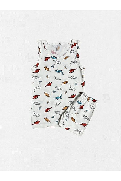 elmas kids Boys' 100% Cotton White Color Little Dinosaurs Patterned Network Part Stitched Undershirt Boxer Set