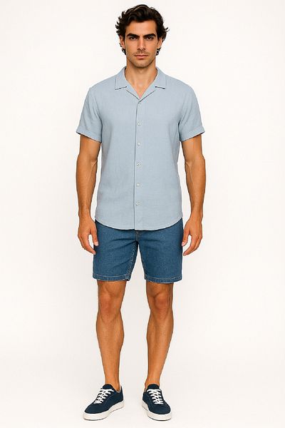 OIL PARK Men's Apaş Collar Armure Woven Soft Textured Raw Linen Shirt