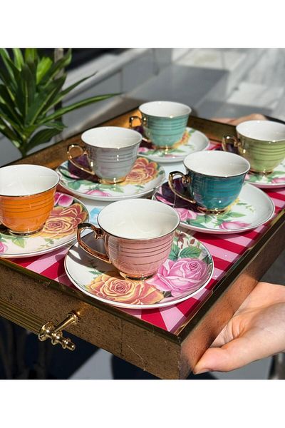 Onedekor Set of 6 Porcelain Roseline Coffee Cups Colorful