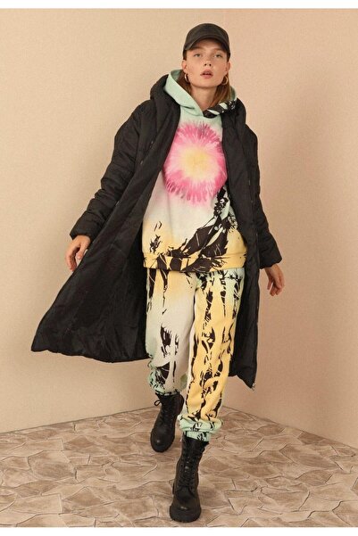 Cesicey Uzun Kapitone Anorak Kalp Yaka Oversize/ Salaş Kadın Mont Siyah