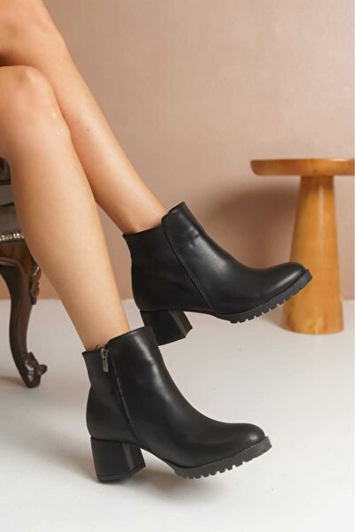 VENTİ VENTİSCAA Kadın Siyah Günlük Kullanımlı Sade Fermuarlı Kısa Bot