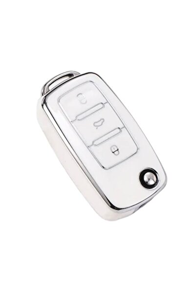 MAF Husă cheie pliabilă VW, premium, compatibilă Polo/Golf/Passat/Tiguan/Octavia, 3 butoane, albă