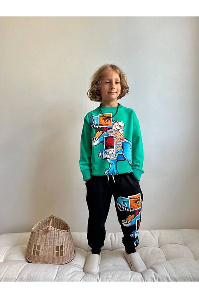 YİGİT BUTİK Dinosaur Printed Long Sleeve Boys Bottom Top Set