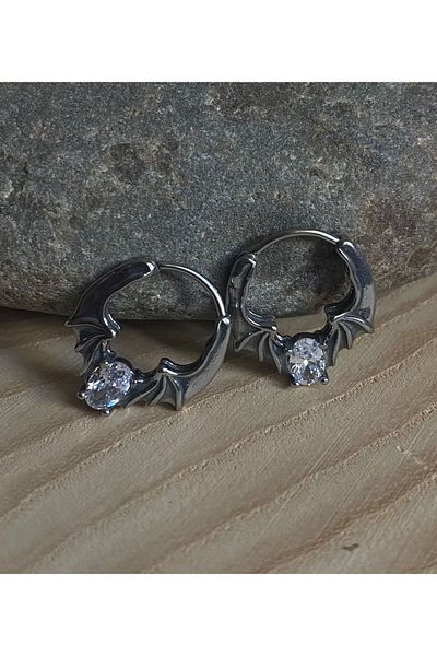 Viking Bat Wing White Zircon Stone Design Stainless&Tarnish Free 316L Steel Earrings