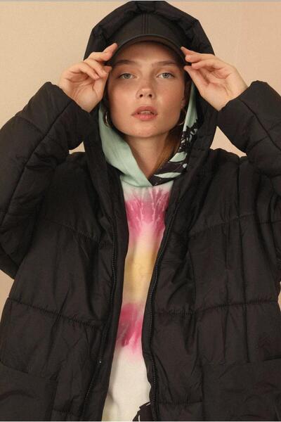 Cesicey Uzun Kapitone Anorak Kalp Yaka Oversize/ Salaş Kadın Mont Siyah