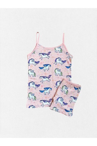 elmas kids Girl's 100% Cotton Light Pink Color Unicorn Patterned Thin Strap Undershirt Boxer Set