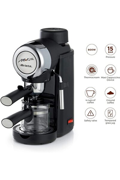 ARIETE Mokita Moka Coffee Machine with Tempered Glass Jug, Auto Shut-off and Safety Valve, 4 Cups Ca