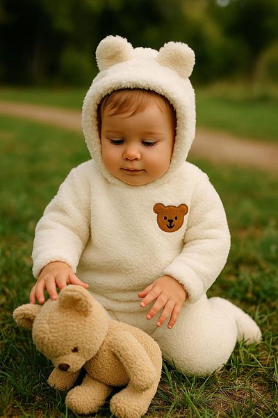 nevrankids Baby Plush Bear Ears Hooded 2-Piece Set - Winter Fleece Sweatshirt and Bottom Pants