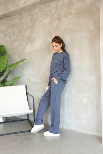 02Lady Fashion Σετ φόρμας από ύφασμα Oversize Crew Neck Wide Leg Modal
