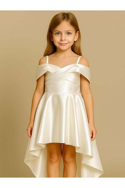 Zekids Girls' Princess Sleeve Shiny Fabric Short Front Long Back Design Evening Dress