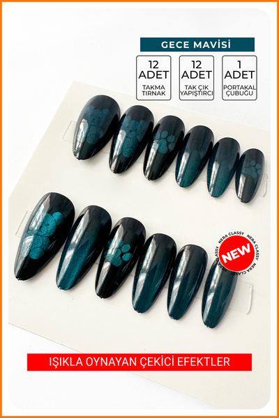 Nera Classy 12 Adet Kutulu Özel Parlak Badem Takma Tırnak, Cat's Eye Takma Tı...