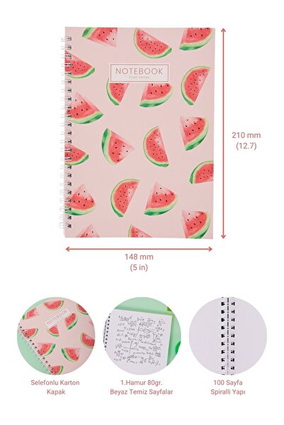 Copyder Blocnotes de școală cu 3 fructe imprimate cu model Spiral A5 fără linii 100 de pagini