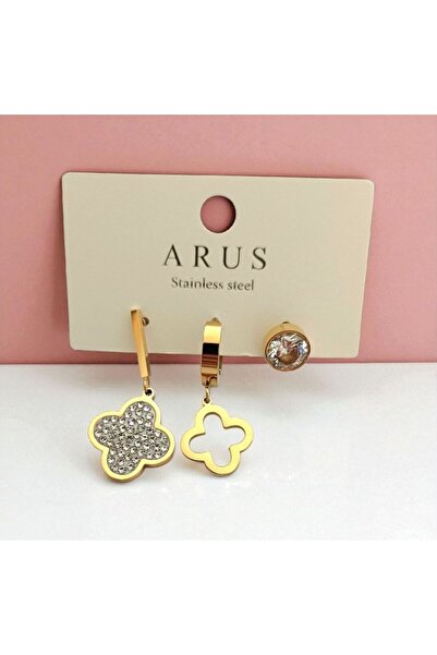 AKSESUARIM Women's Zircon Stone Clover Detailed 3Pcs Steel Earrings