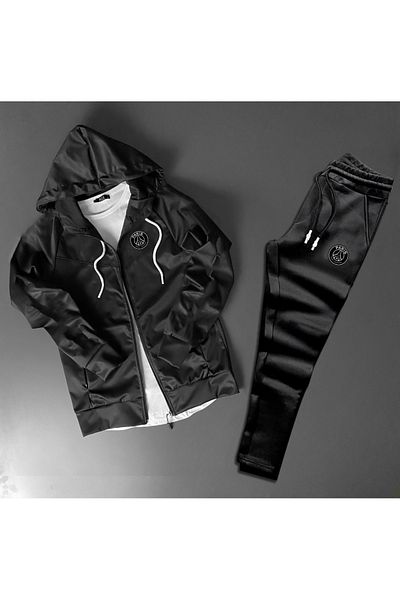 NOFLEN Hooded Black Scuba Printed Zipper Tracksuit Bottom Top Set