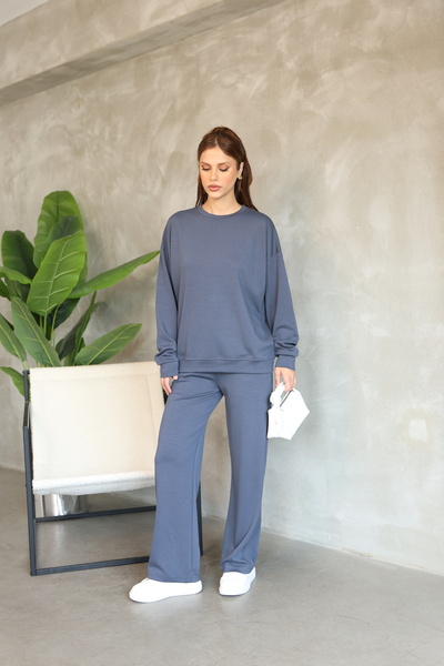 02Lady Fashion Σετ φόρμας από ύφασμα Oversize Crew Neck Wide Leg Modal