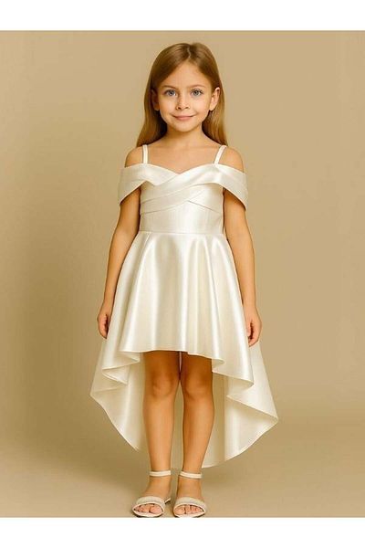 Zekids Girls' Princess Sleeve Shiny Fabric Short Front Long Back Design Evening Dress