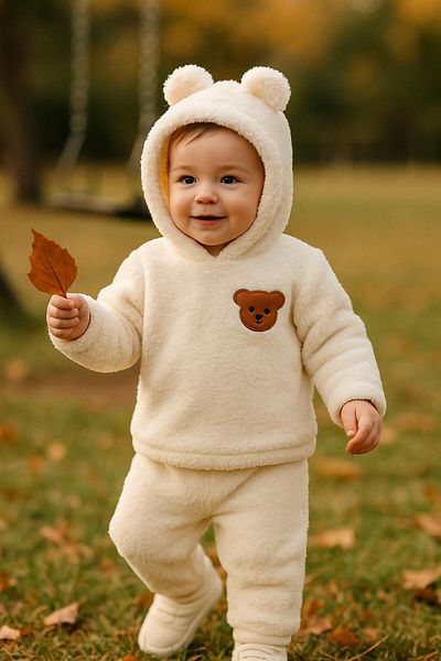 nevrankids Baby Plush Bear Ears Hooded 2-Piece Set - Winter Fleece Sweatshirt and Bottom Pants