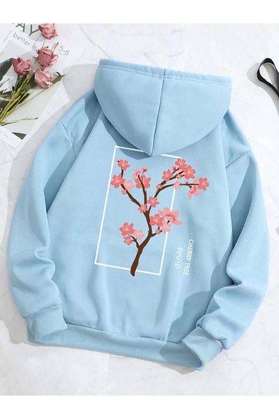 NoVibe Plus Size Women's 'Flower' Back Flower Tree Back Print Detailed Hooded Pocket Sweatshirt-Hoodie