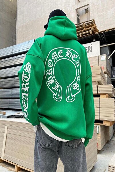 NoVibe Large Size Hooded Horse Back and Sleeve Text Detail Oversize Sweatshirt