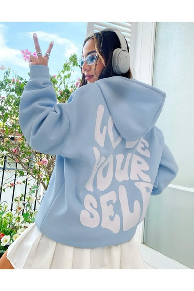 NoVibe Φούτερ μεγάλου μεγέθους Baby Blue με κουκούλα με 3 κλωστές