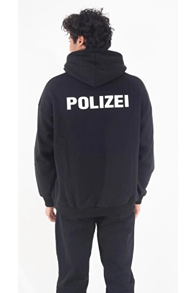 NoVibe Hanorac cu glugă cu imprimeu Polizei cu glugă cu design de mărime mare