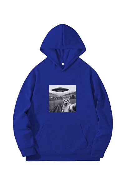 MANCY Unisex Ufo Cat Printed Oversized Winter 3 Thread 100% Cotton K Hooded Sweatshirt Hoodie