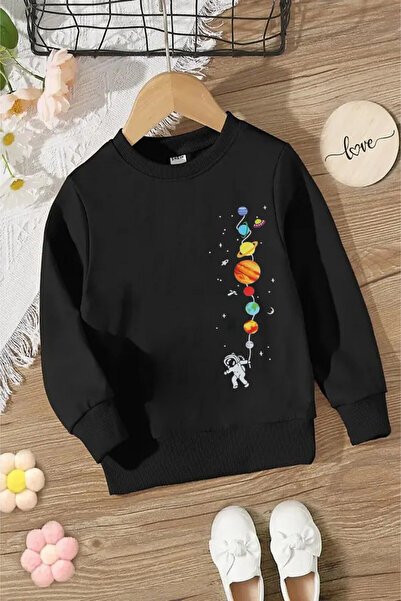 NoVibe Голям черен суичър с кръгло деколте за деца и деца „Balloon Planets“