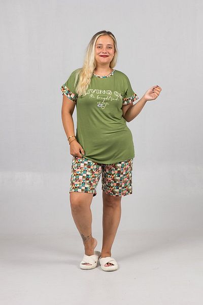 Truva XXL Green Top Patterned Shorts Pajama Set - Comfortable and Stylish